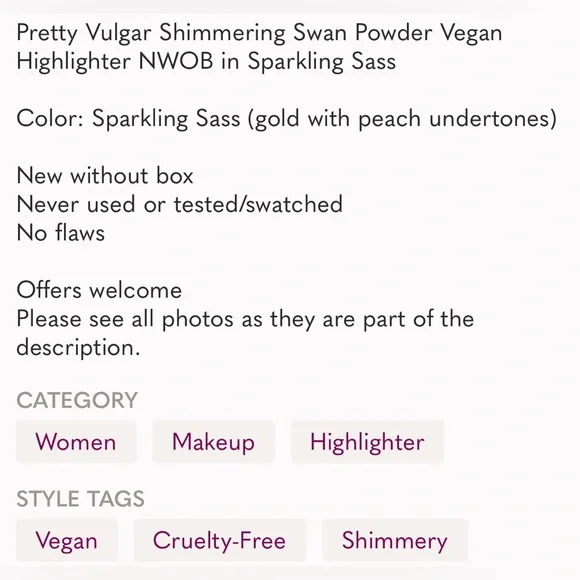 Pretty Vulgar Shimmering Swan Powder Vegan Highlighter NWOB in Sparkling Sass - Picture 10 of 16